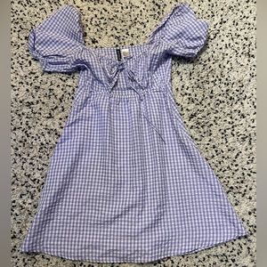 Lavender Gingham Puff-Sleeve Peekaboo Mini Dress